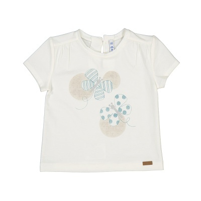 Camiseta branca de manga curta com estampado de balões beges e azuis