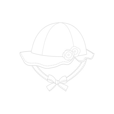 Desenho a traço de chapéu de criança com aba larga, flores e fita para amarrar