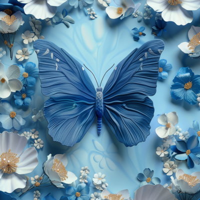 Borboleta azul rodeada por flores azuis e brancas decorativas num fundo azul claro