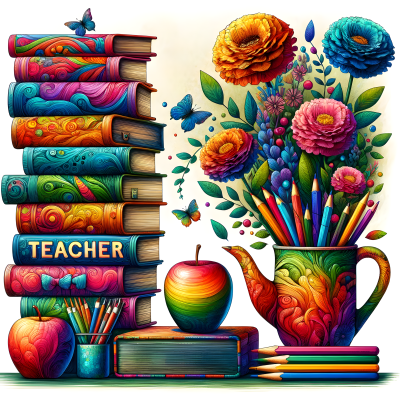 Livros coloridos, lápis, flores e maçãs em composição artística vibrante