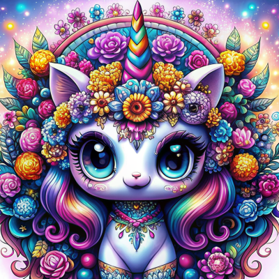 Desenho colorido de unicórnio-gato com flores e chifre