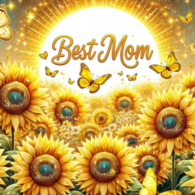 Girassóis e borboletas amarelas com o texto dorado 'Best Mom' em fundo iluminado