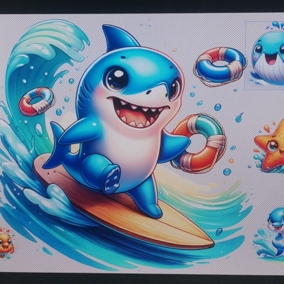 Ilustração colorida de personagem de tubarão a surfar com animais marinhos e bóias