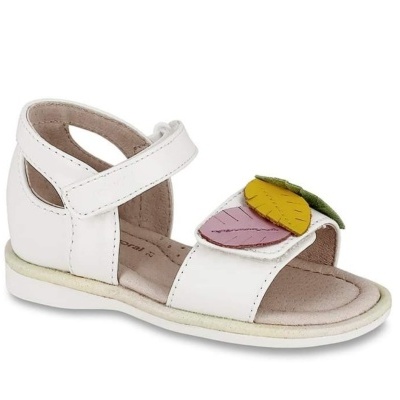 Sandália branca de criança com detalhes coloridos em folhas