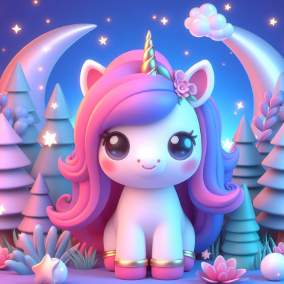 Figura de unicórnio colorido com cenário noturno estilizado