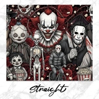 Ilustração de personagens assustadores com rosas vermelhas e pipocas