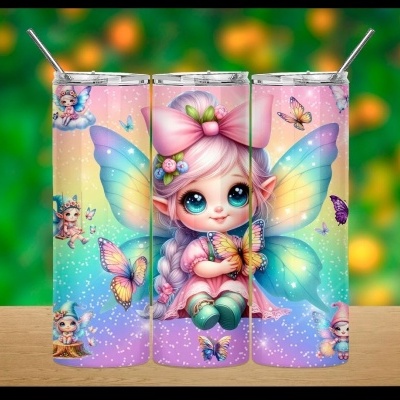 Copos metálicos com ilustração de fada colorida e borboletas