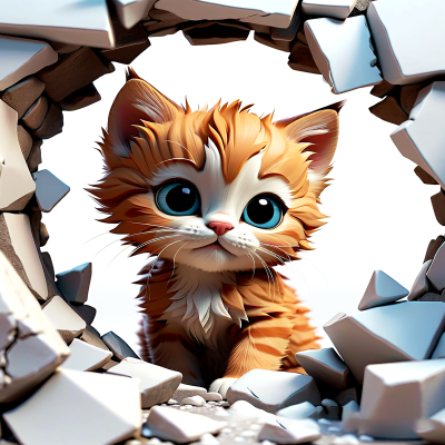 Gatinho laranja e branco com olhos azuis cercado por parede branca destruída