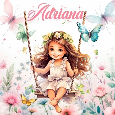 Menina com vestido branco sentada num baloiço rodeada de flores e borboletas com o nome Adriana