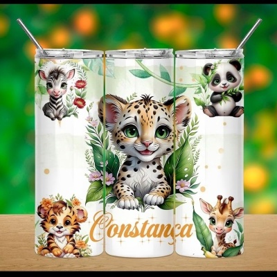 Copos térmicos com desenhos de animais bebés e nome 'Constança'