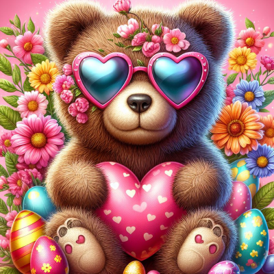Ursinho castanho com óculos de coração segurando coração cor-de-rosa entre flores e ovos de páscoa