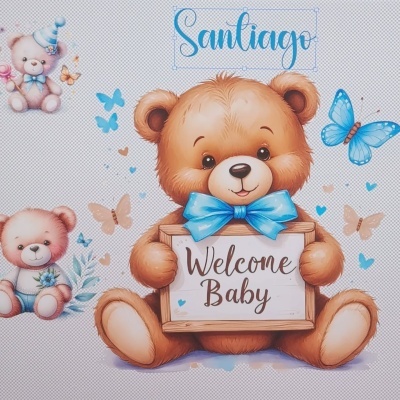 Desenho de ursinhos com placa Welcome Baby e nome Santiago