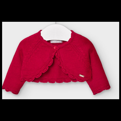 Bolero vermelho de malha para criança com botão e detalhes rendados