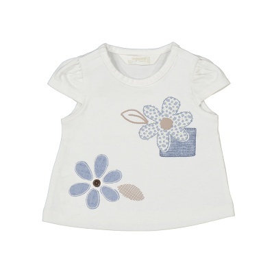 Camisola branca para bebé com flores bordadas em azul e castanho