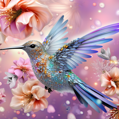 Beija-flor colorido voando entre flores em tons pastel e bolhas