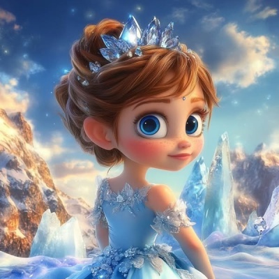 Boneca animada com vestido azul e coroa de cristais em cenário de gelo