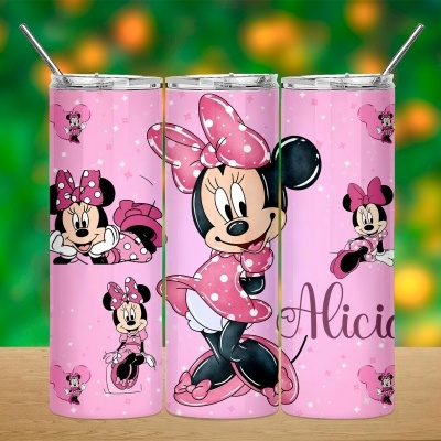 três garrafas metálicas cor-de-rosa com estampas da Minnie Mouse e canudos