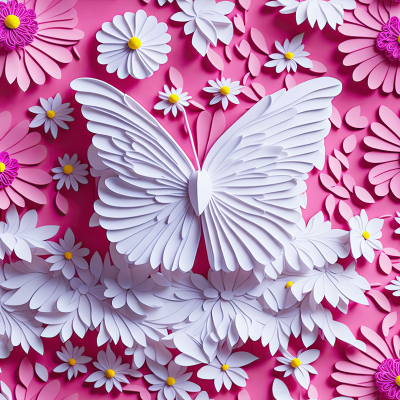 Borboleta e flores tridimensionais de papel em fundo rosa