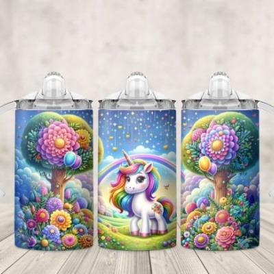 Garrafa com arte colorida de unicórnio e árvores floridas