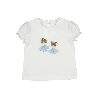 T-shirt branca com impressão de duas bailarinas e saia azul