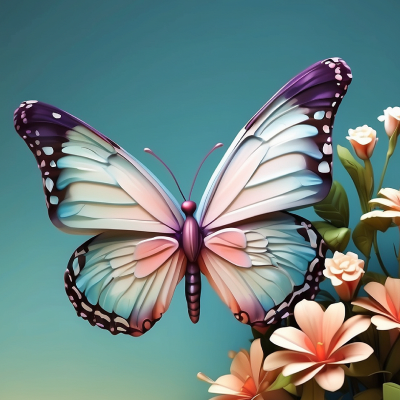 Borboleta colorida pousada perto de flores cor de pêssego sobre fundo azul céu