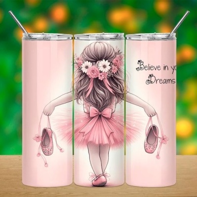 Três garrafas térmicas rosa com desenho de bailarina e texto 