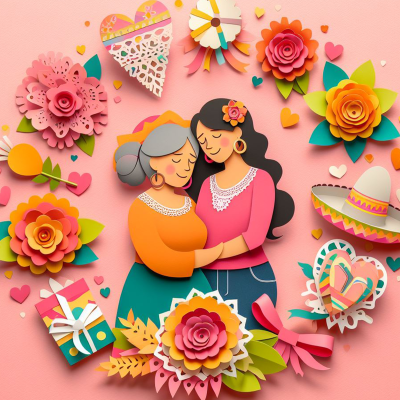 Ilustração em papel de duas mulheres abraçadas em círculo decorado com flores coloridas e corações