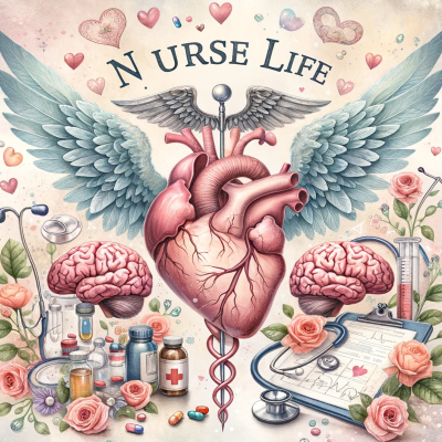 Ilustração com coração, cérebro, medicamentos e texto N URSE LIFE