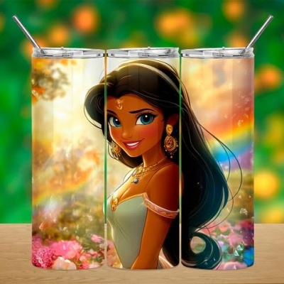 Três copos metálicos com imagem de princesa em cenário florido e arco-íris