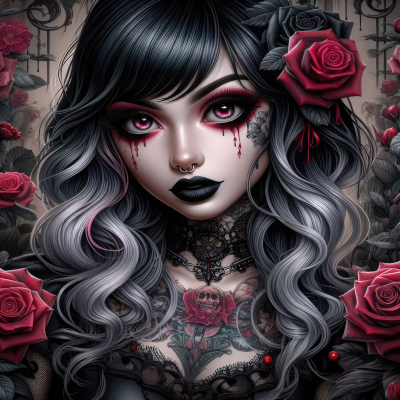 Figura feminina gótica com cabelo cinza e preto, maquilhagem vermelha e preta, tatuagens e rosas vermelhas ao redor