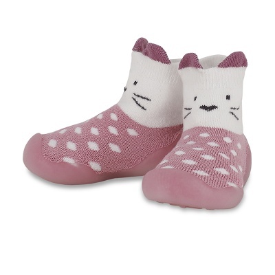 Meias bebé rosas e brancas com padrão de gato e sola antiderrapante
