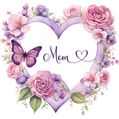 Moldura em coração roxo com flores, borboleta e texto 'Mom'