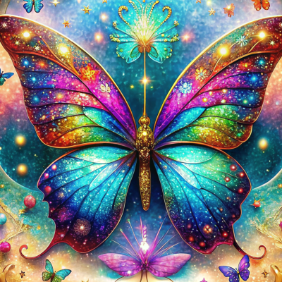 Grande borboleta colorida com asas brilhantes e várias borboletas menores num fundo abstrato estrelado