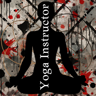 Silhueta preta em meditação com texto 'Yoga Instructor' sobre fundo abstrato colorido