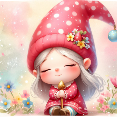 Gnomo decorativo com chapéu vermelho de bolinhas e vestido vermelho entre flores coloridas