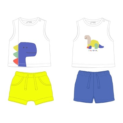 Conjunto de roupa infantil com t-shirts brancas e calções amarelos e azuis