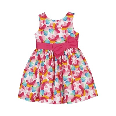 Vestido infantil colorido com flores e cinto rosa com laço