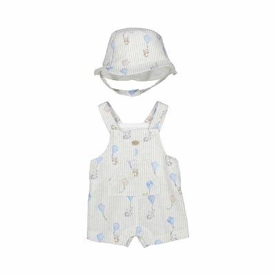 Conjunto de macacão e chapéu de bebé com estampa de balões em tecido listrado branco, azul e bege