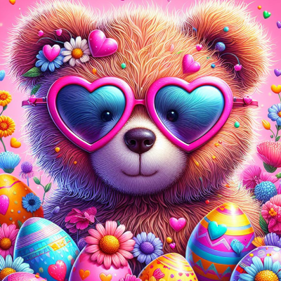Urso de pelúcia com óculos de coração e ovos decorativos coloridos