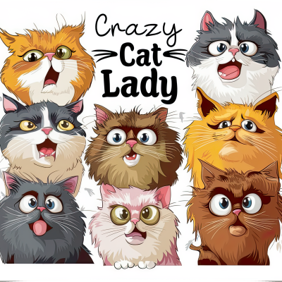 Ilustrações de sete gatos coloridos com texto Crazy Cat Lady.