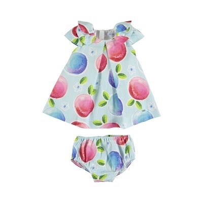 Conjunto bebê vestido e cueca algodão com padrão de frutas coloridas