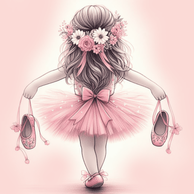 Desenho de menina de costas com vestido de balé rosa e flores no cabelo segurando sapatilhas