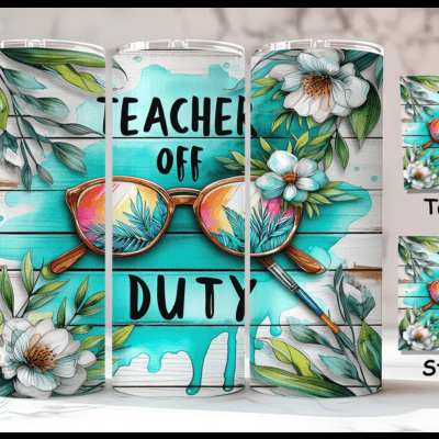 Copos metálicos decorados com flores, óculos de sol e texto TEACHER OFF DUTY