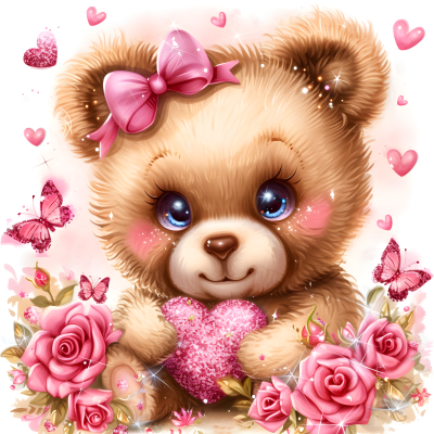 Ursinho de pelúcia castanho claro com laço rosa e coração cor-de-rosa rodeado de rosas e borboletas