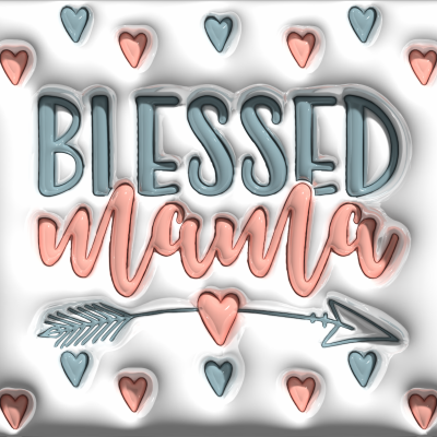 Adesivos com texto Blessed mama, corações e uma seta em tons azul e rosa