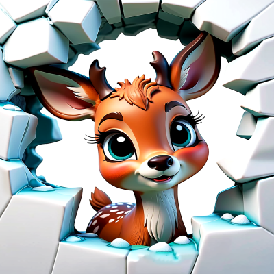 Cervo bebé animado a olhar através de buraco em muro branco