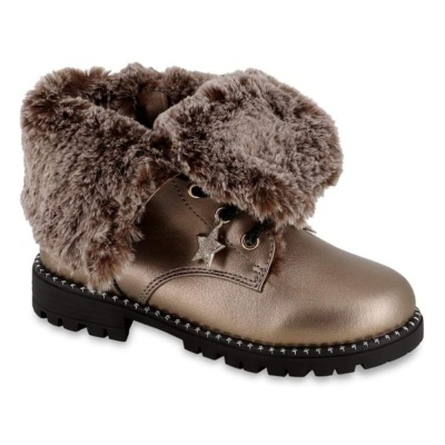 Bota metálica bronze com forro de pêlo castanho e pendente estrela