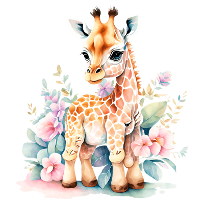 Ilustração de girafa bebé com flores coloridas