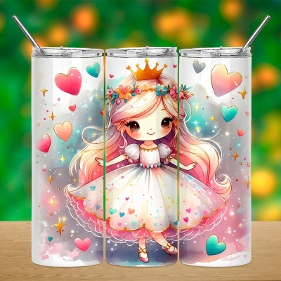 Copos decorados com imagem de princesa, corações coloridos e estrelas