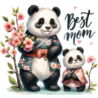 Dois pandas em kimonos florais com ramos de flores e texto Best mom